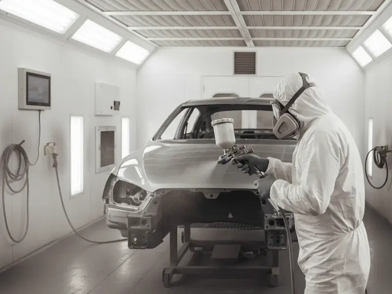 Pintor con mascarilla y traje de protección pintando la carrocería de un coche con pistola en una cabina de pintura