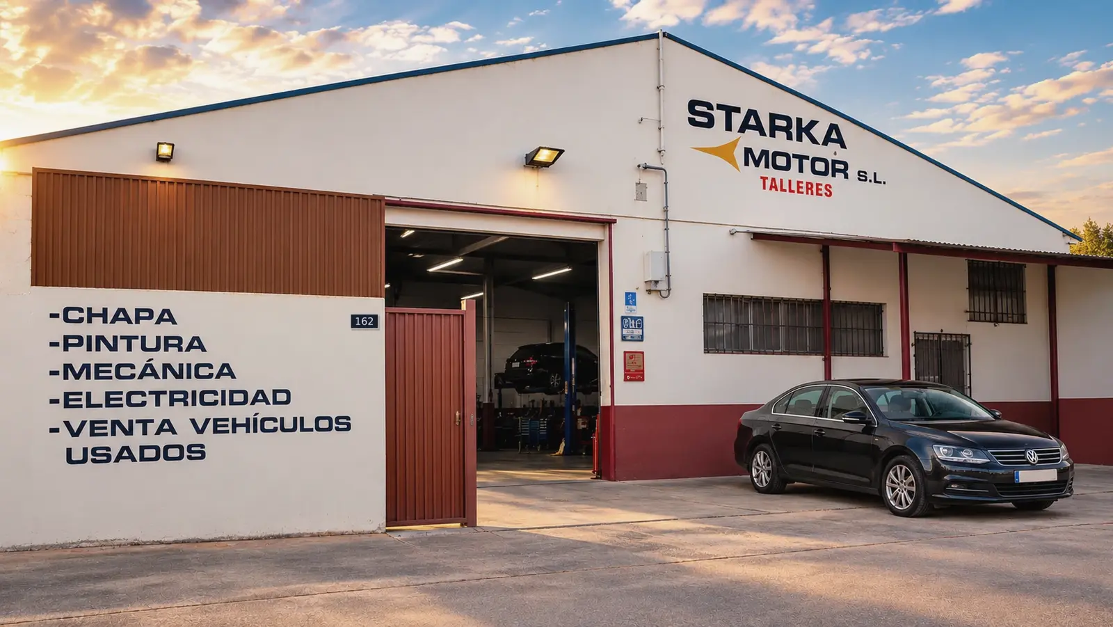 Nave del taller Starka Motor con el rótulo de la empresa, la puerta abierta con un coche en el elevador y la lista de servicios pintada en la pared